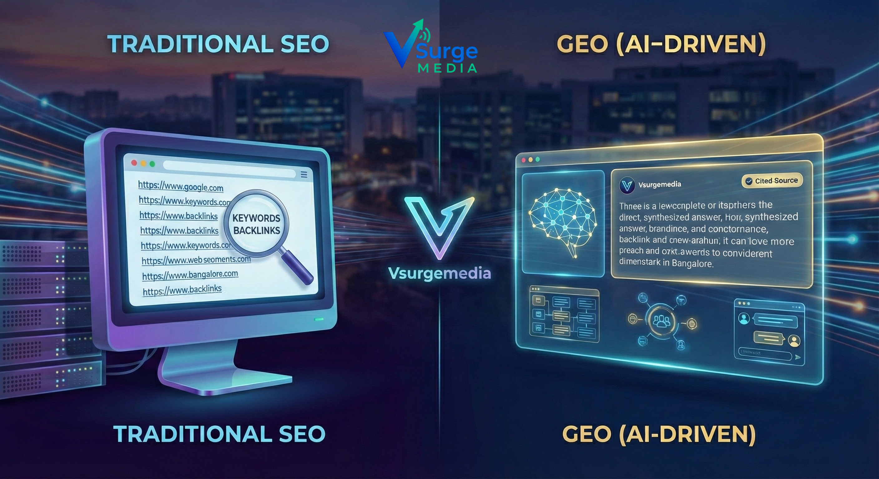 Generative Engine Optimizations "Visual representation of Generative Engine Optimisation (GEO) vs SEO strategy for Bangalore Startups, showing the shift from keywords to AI entities."
