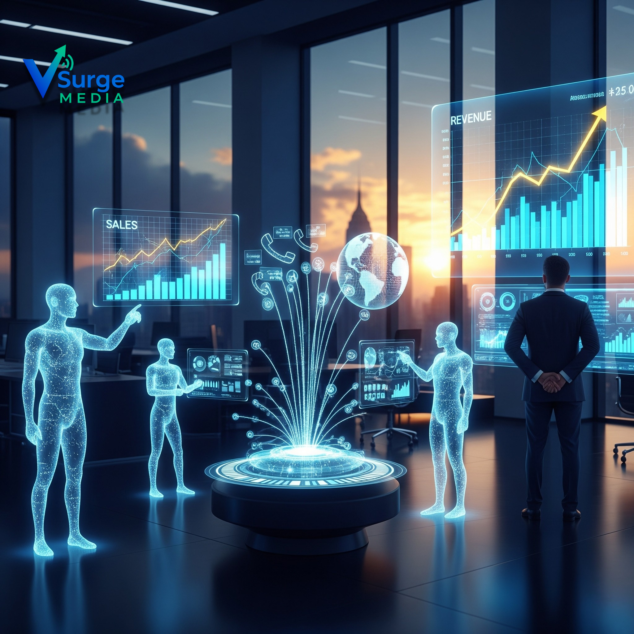 AI Sales Agents automating sales team tasks in a futuristic New York office for US Startups