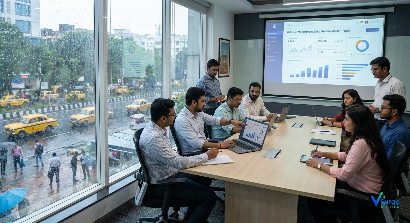 Kolkata business professionals in a strategy meeting analyzing AI-driven digital marketing performance dashboards, reviewing GEO insights and local market data in 2026 (Digital Marketing Companies).