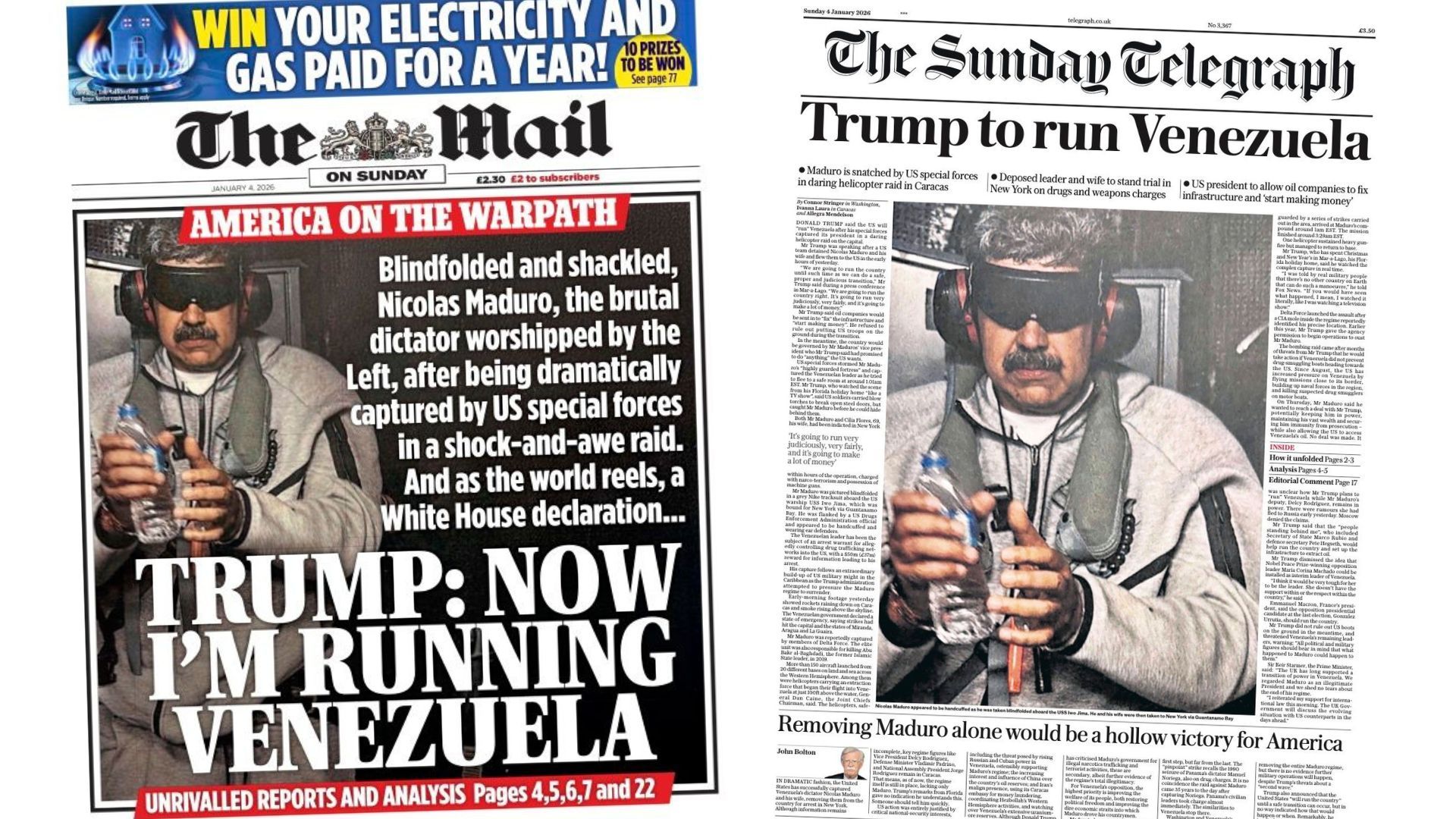 Front pages of British newspapers featuring dramatic headlines about Donald Trump and Venezuela, using stylized imagery and speculative language related to political power and regime change.