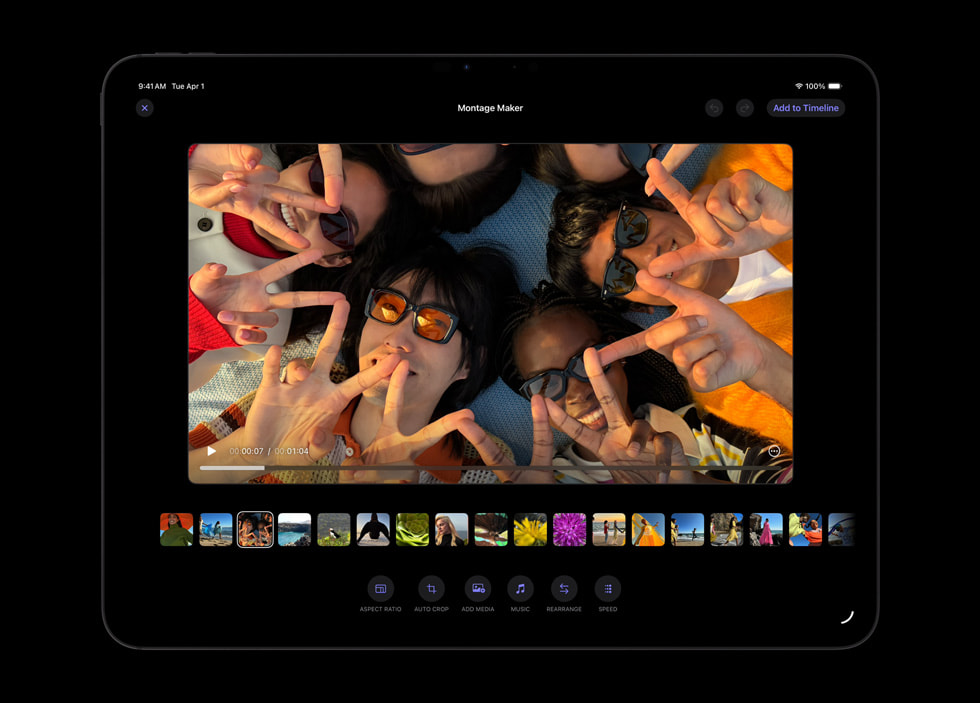 A group of friends making peace signs while being filmed, shown inside the Montage Maker interface in Final Cut Pro on an iPad.