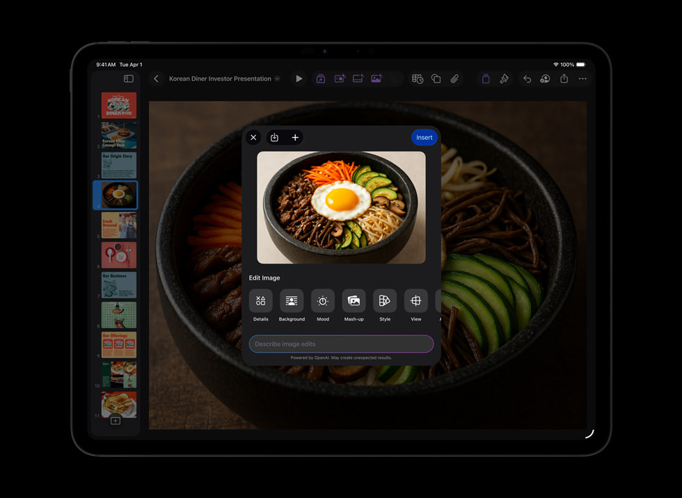 An iPad displaying an image-editing interface in Keynote, showing a food photo being adjusted using AI-powered editing tools.