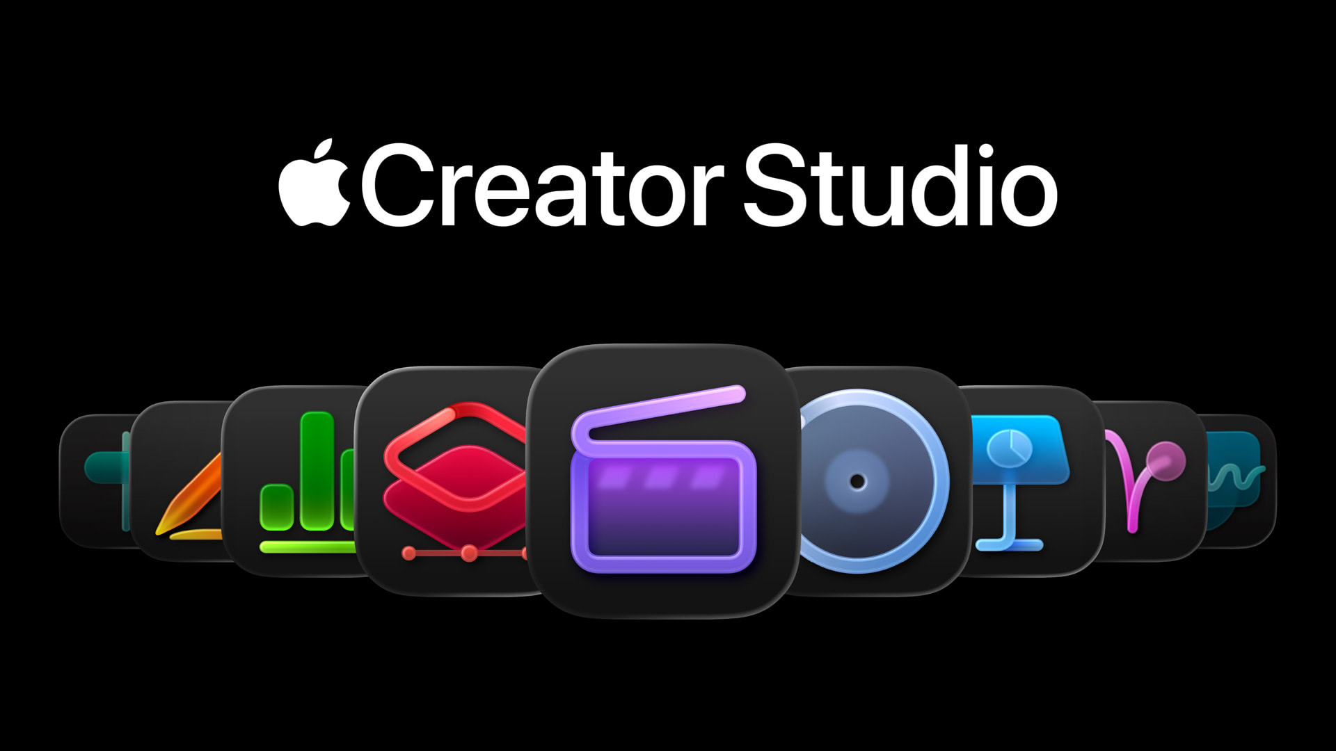 Apple Creator Studio logo with icons of Final Cut Pro, Logic Pro, Motion, Pixelmator Pro, and other Apple creative apps displayed on a black background.