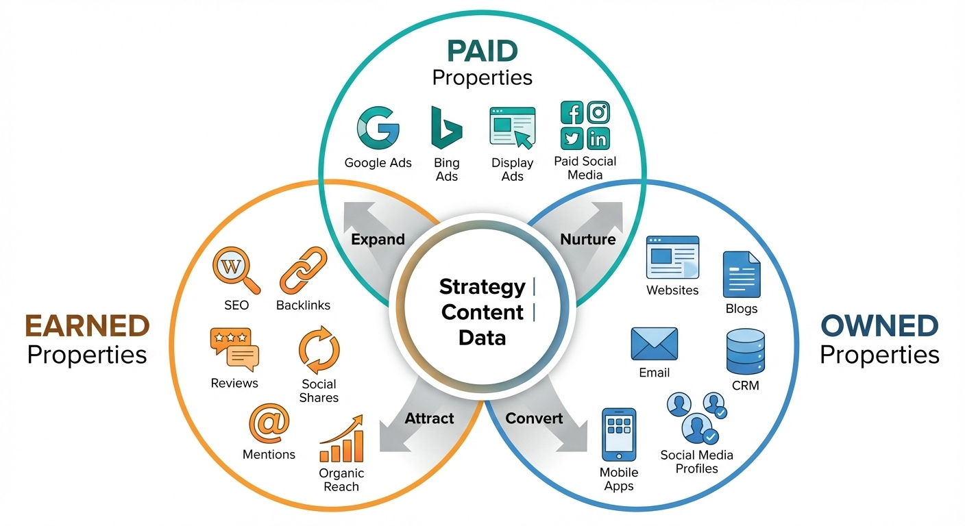 Paid, earned, and owned digital marketing channels connected by strategy, content, and data framework of "Digital marketing services in Howrah"