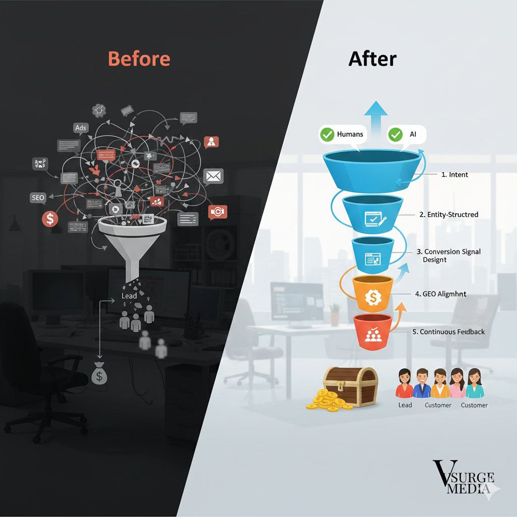 Before and after comparison showing unstructured digital marketing versus a structured SEO and GEO funnel that improves lead quality and conversions (Online marketing services).
