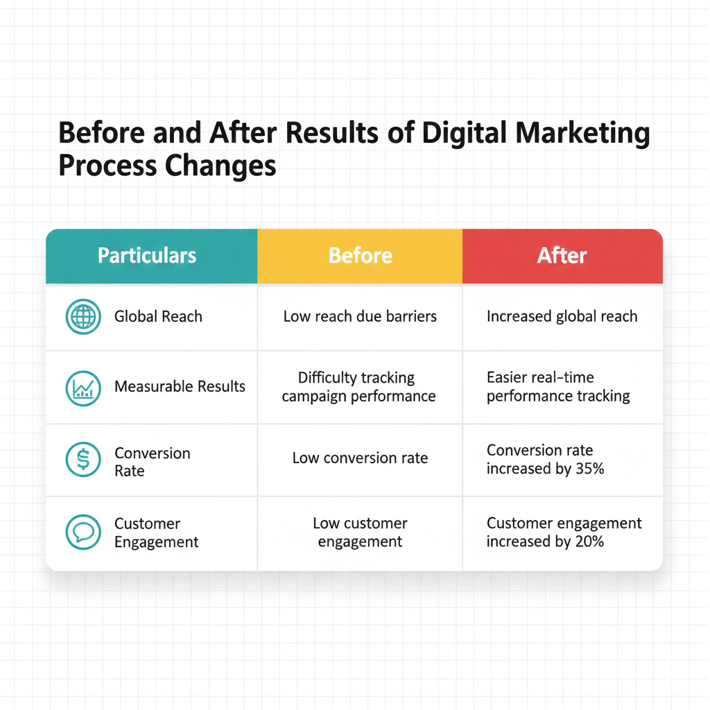 Before and after comparison of digital marketing results showing improvements in reach, tracking, conversion rate, and customer engagement (Digital marketing services in Howrah).