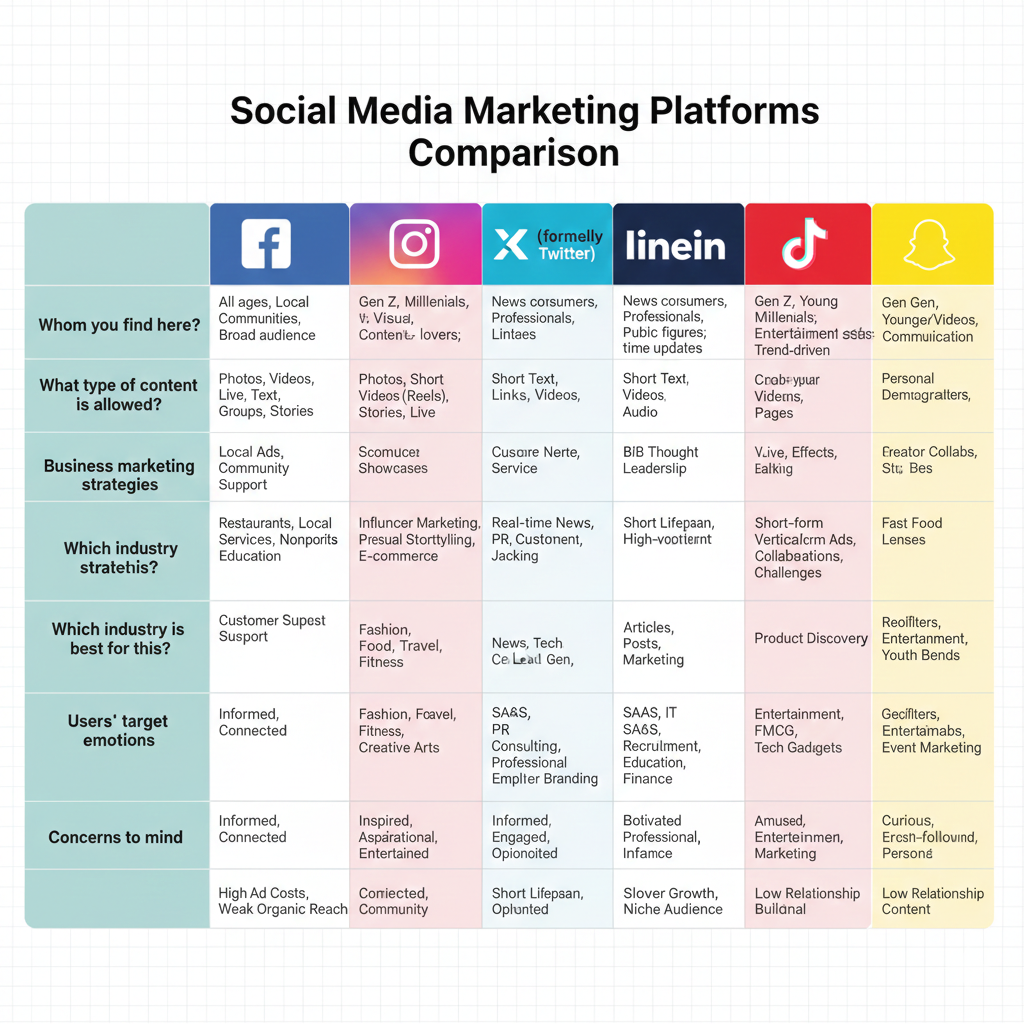 Social media marketing platforms comparison chart showing audience types, content formats, industries, and marketing use cases (Digital marketing services in Howrah).