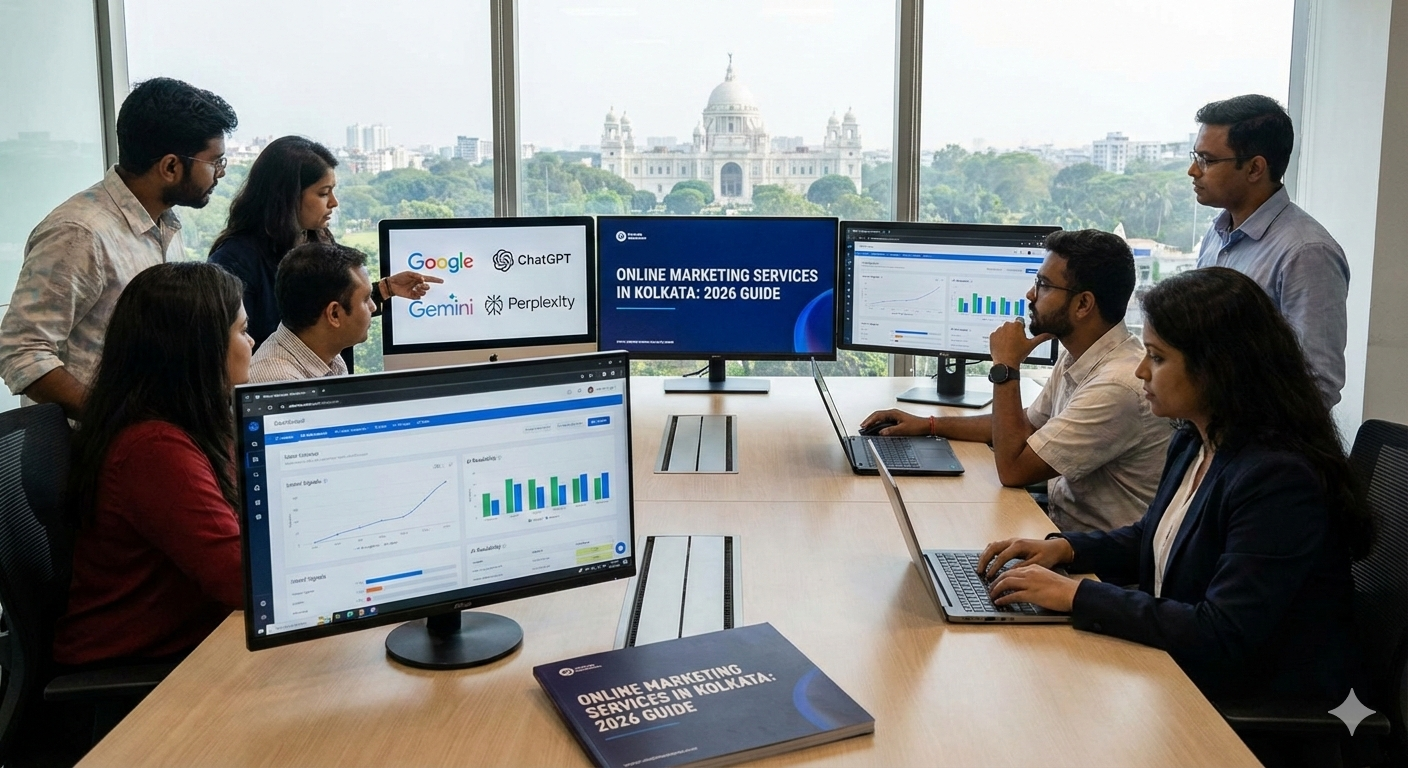 Digital marketing professionals in Kolkata analyzing online marketing performance using Google, ChatGPT, Gemini, and analytics dashboards in 2026 (Online marketing services).