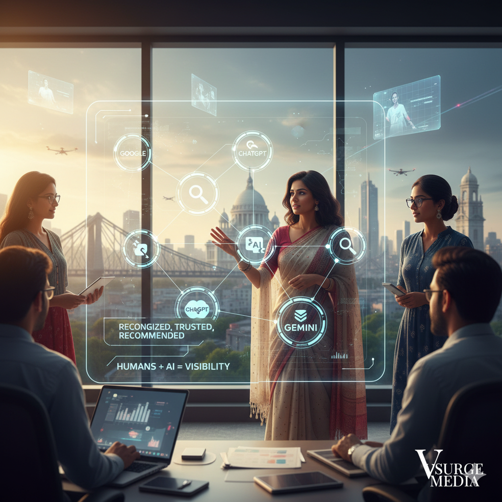 Marketing professionals in Kolkata discussing AI-driven online marketing strategies using Google, ChatGPT, and Gemini to improve visibility and trust (Online marketing services).