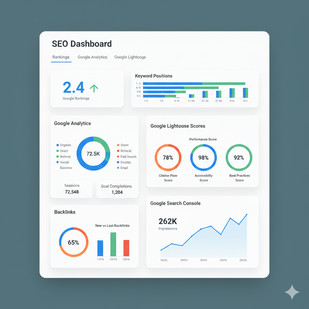 SEO performance dashboard showing keyword rankings, analytics sessions, Lighthouse scores, backlinks, and search impressions (Digital marketing services in Howrah).