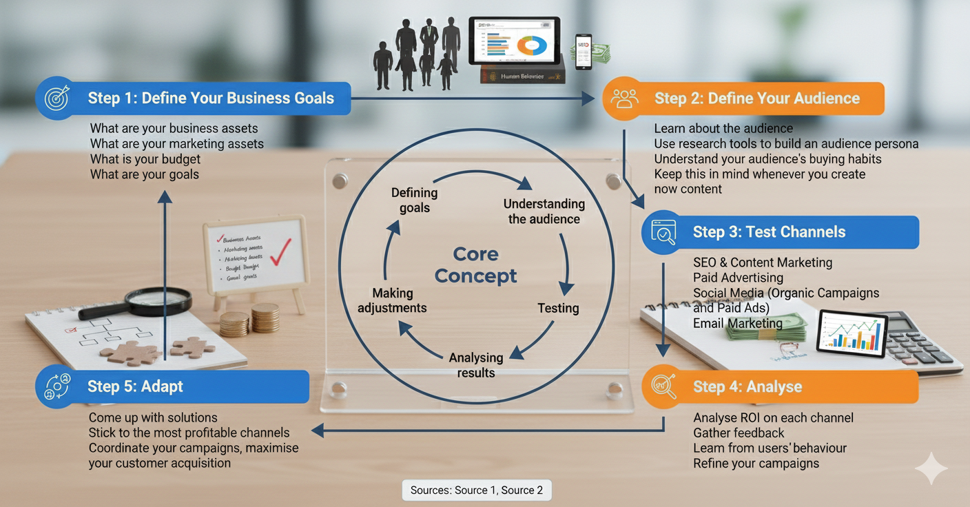 Framework showing how businesses choose online marketing channels by defining goals, audience, testing channels, analysing results, and adapting strategies (Online marketing services).