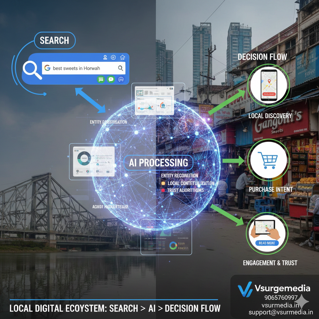 AI-powered digital marketing workflow in Howrah showing search, entity recognition, local discovery, and purchase intent for "Digital marketing services Howrah"