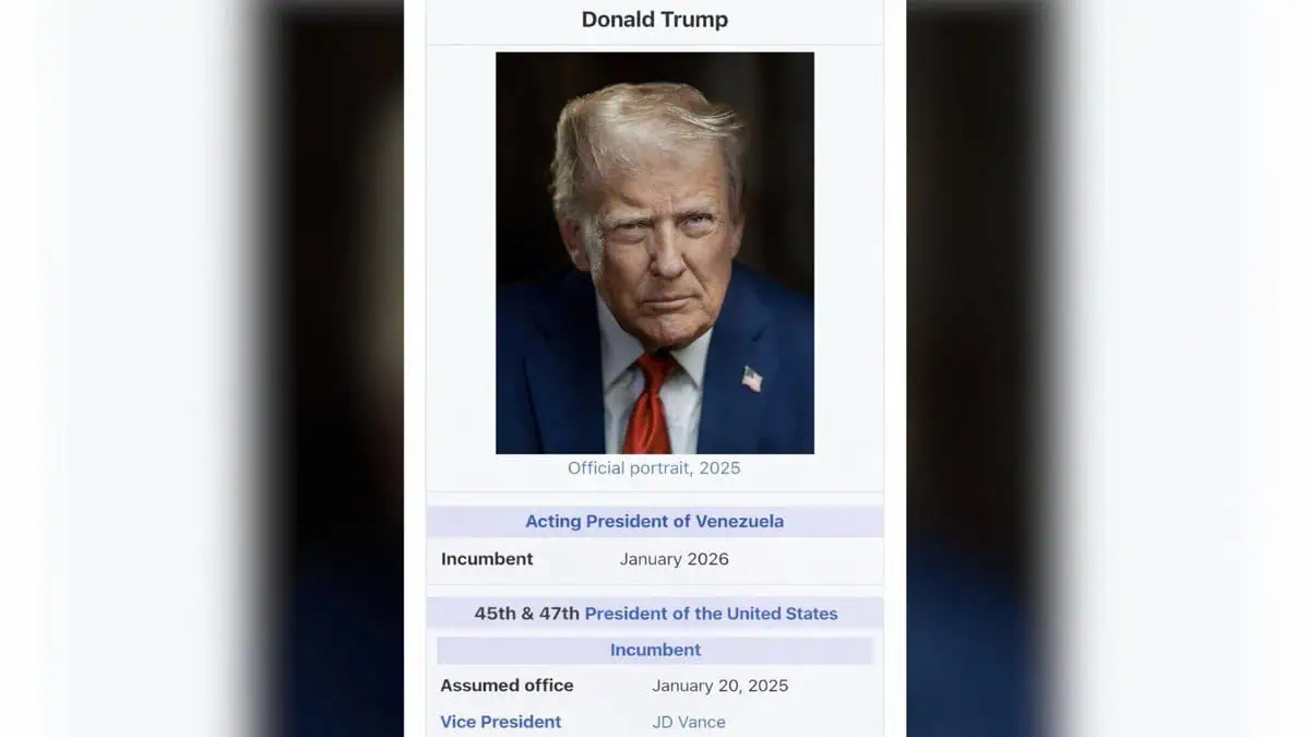 Screenshot of a Wikipedia-style page showing a portrait of Donald Trump with disputed role information displayed below