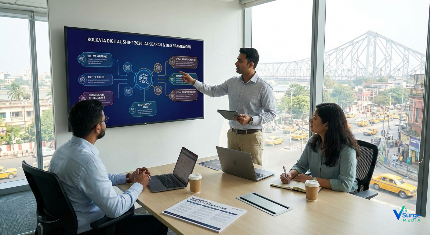 Kolkata business team reviewing an AI-driven digital marketing and GEO strategy framework in 2026, discussing intent mapping, entity trust, and local visibility planning (Digital Marketing Companies).