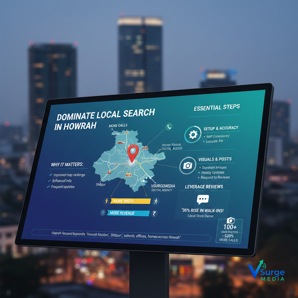 Illustration showing a digital billboard with a Howrah map highlighting local SEO strategies like Google Business Profile optimization, reviews, visuals, and increased local search visibility (GMB Optimization in Hawrah).