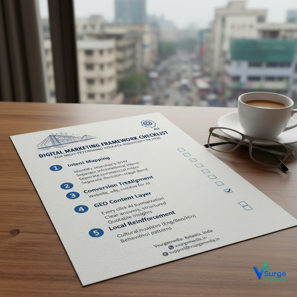 Digital marketing framework checklist for high-performing Kolkata businesses in 2026, outlining intent mapping, conversion tracking, GEO content, and local reinforcement (Digital Marketing Company).