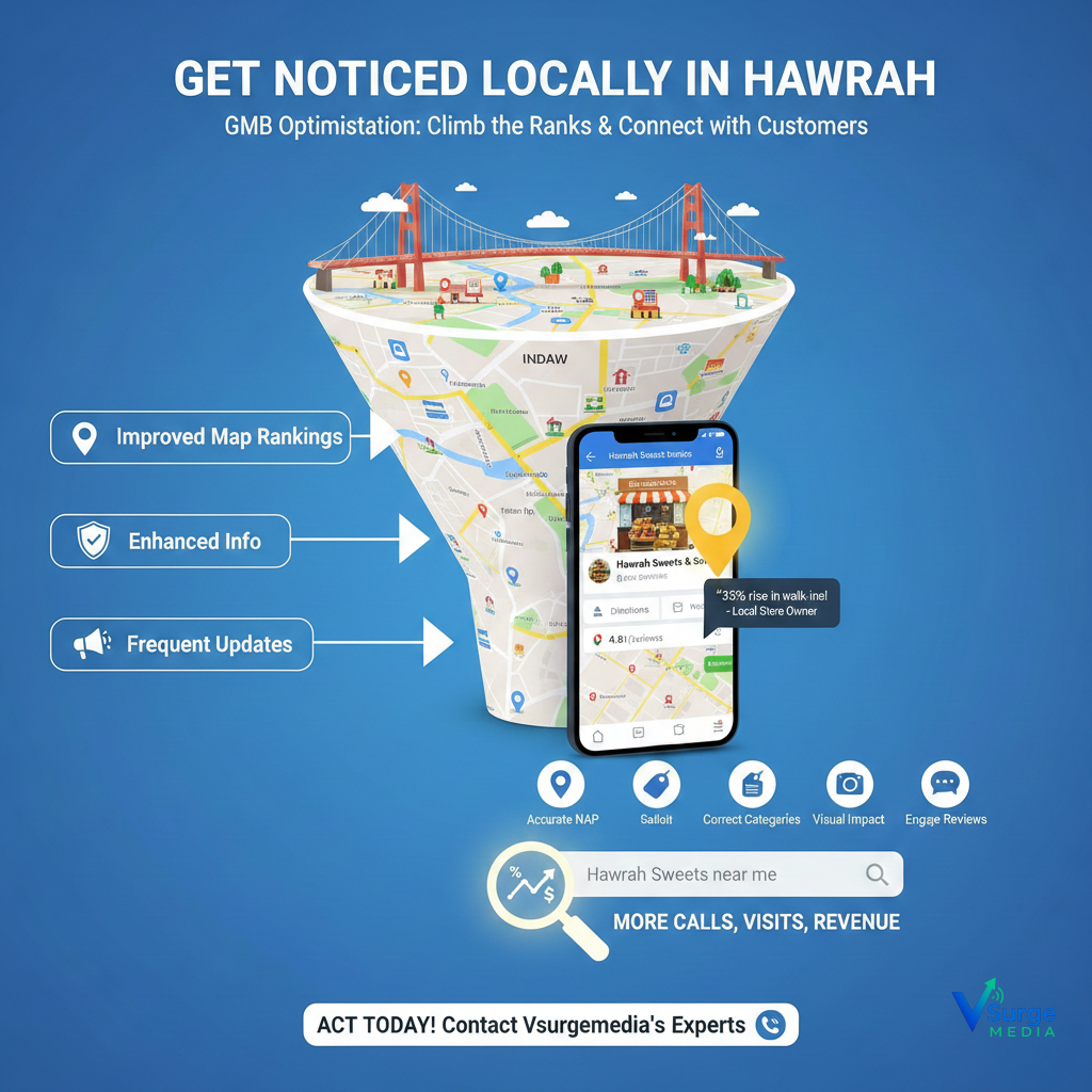 Graphic illustrating Google My Business optimization in Howrah, showing improved map rankings, enhanced business information, frequent updates, and increased local visibility (GMB Optimization in Hawrah).