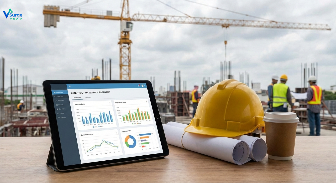 Tablet displaying construction payroll software dashboard with graphs and job-costing charts on a construction site table, with hard hat, blueprints, and workers in the background(Payroll software for construction companies).