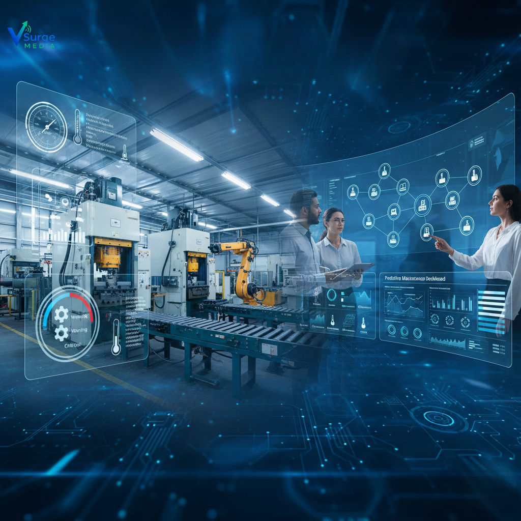 Engineers using predictive maintenance software dashboard inside an advanced manufacturing plant with CNC machines, IoT sensors, and real-time equipment analytics (Predictive maintenance software manufacturing).