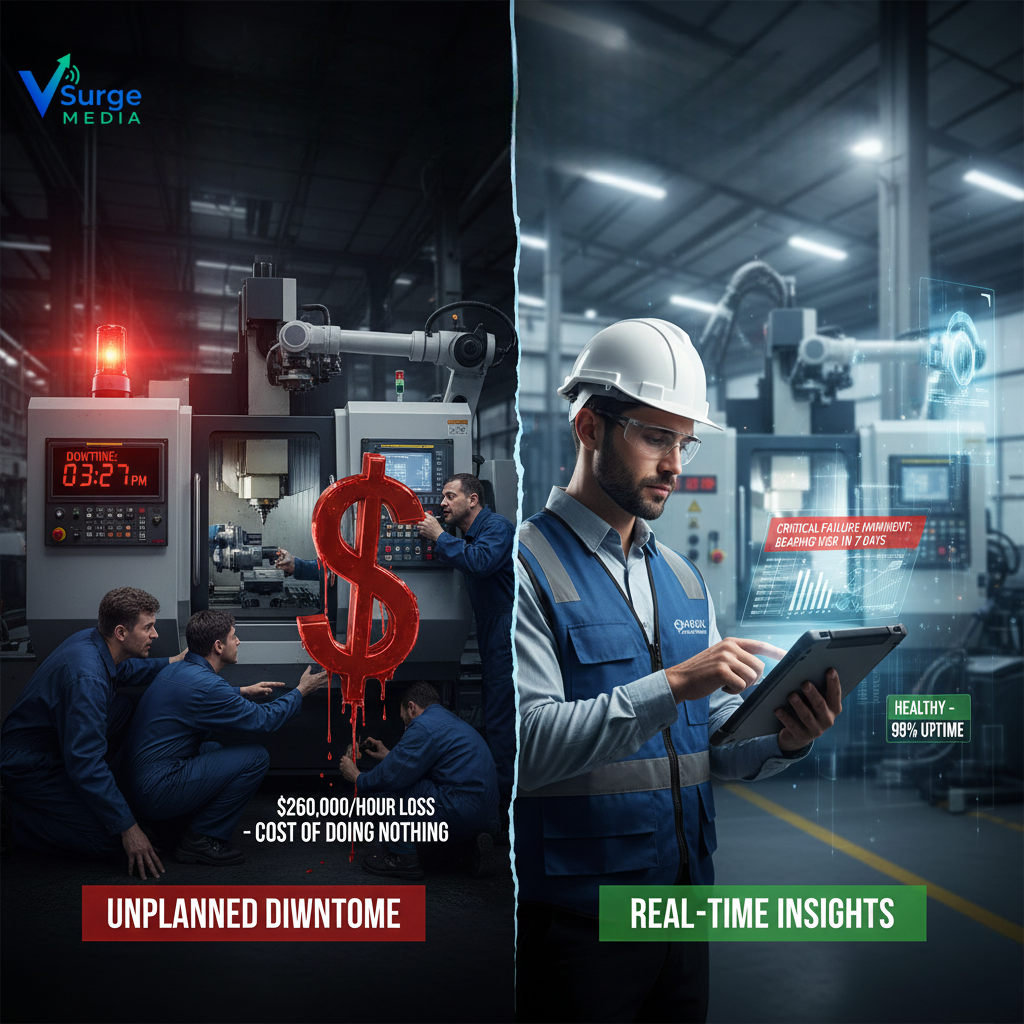 Side-by-side comparison of unplanned manufacturing downtime costing $260,000 per hour versus real-time predictive maintenance insights showing 98% machine uptime, with technicians on one side and an engineer using tablet-based predictive software on the other (Predictive maintenance software manufacturing).