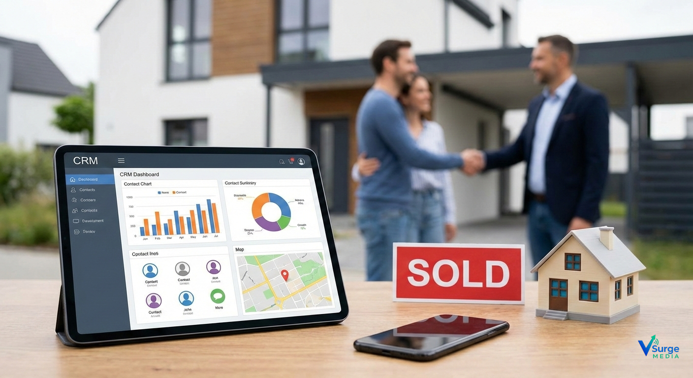 A real estate CRM dashboard displayed on a tablet with charts and contact data, shown on a desk alongside a SOLD sign and a miniature house model, while a real estate agent shakes hands with homebuyers in the background (CRM software for real estate agents).