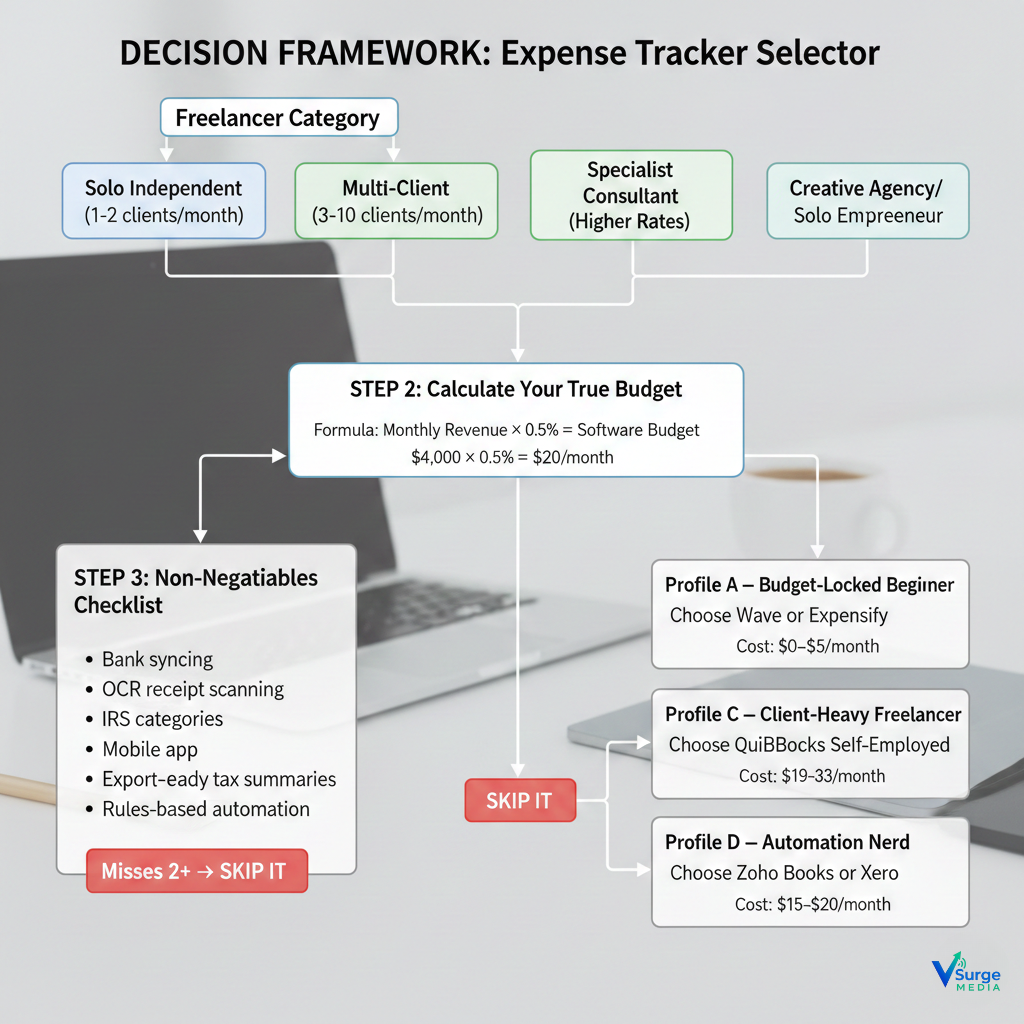 Decision framework infographic showing how freelancers choose expense tracking software based on category, budget calculation, non-negotiable features, and matching profiles (Expense tracking software freelancers.)