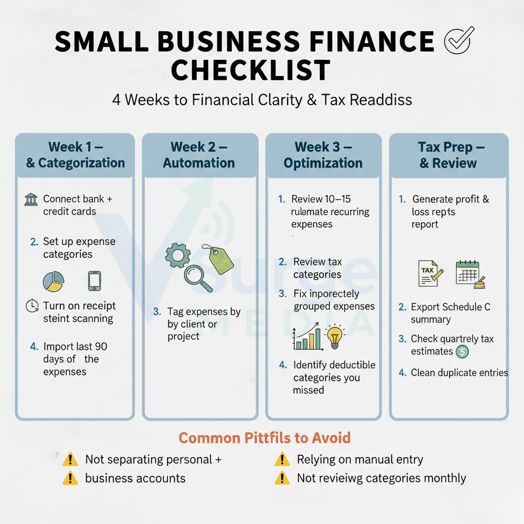 Four-week small business finance checklist infographic showing steps for expense categorization, automation, optimization, and tax preparation for freelancers (Expense tracking software freelancers).