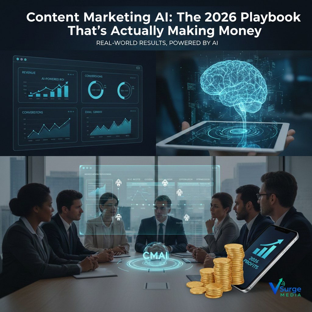 AI-driven content marketing dashboard with analytics, business team strategy meeting, and digital brain hologram showing revenue growth for 2026.