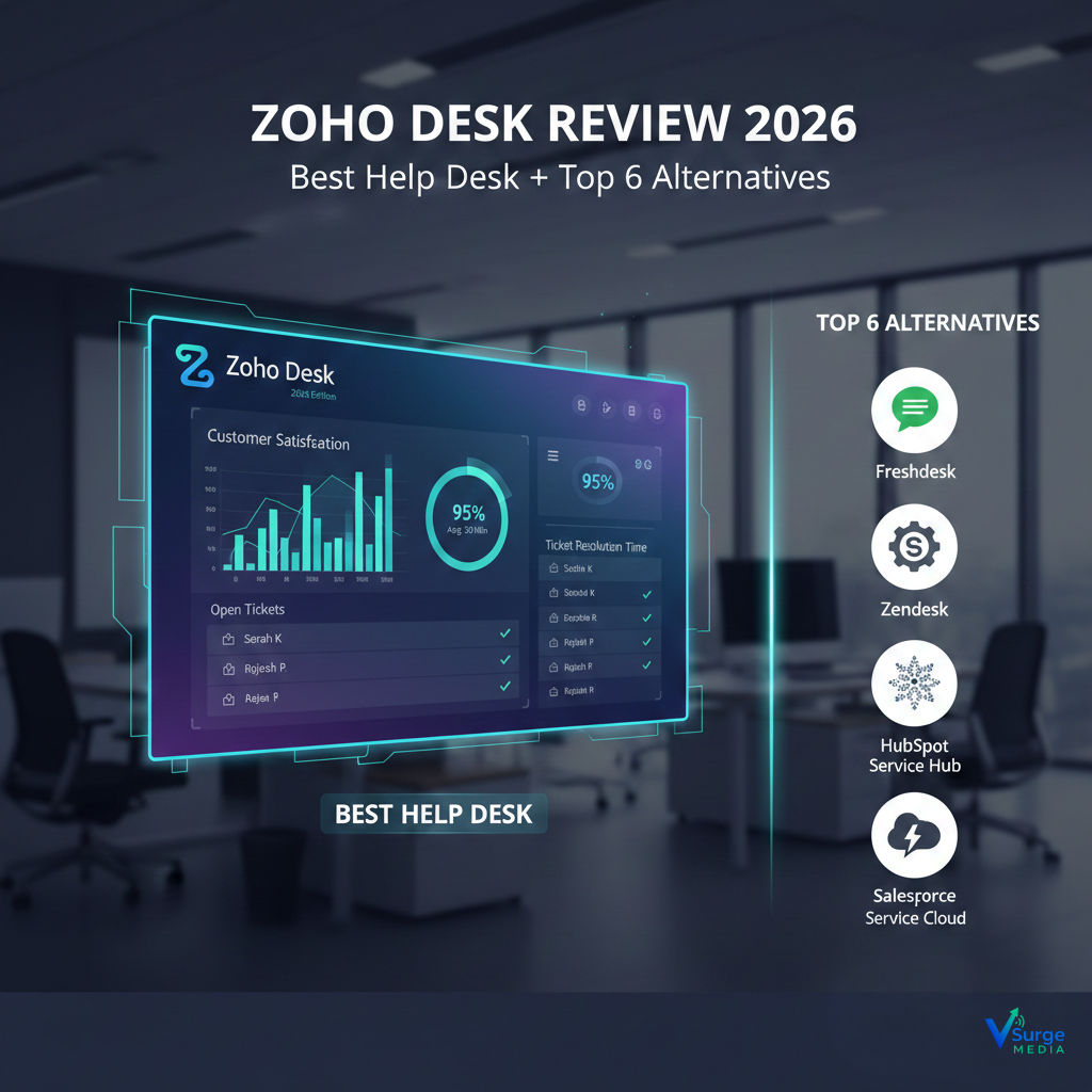 Dashboard interface of Zoho Desk showing customer satisfaction analytics, ticket resolution times, and open tickets, alongside icons of top Zoho Desk alternatives like Freshdesk, Zendesk, HubSpot Service Hub, and Salesforce Service Cloud, presented in a modern office background.