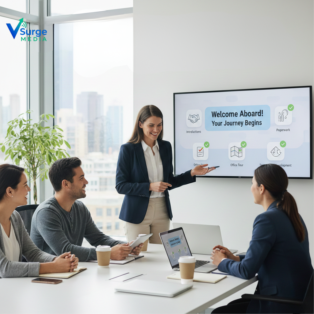 A business team in a modern conference room attending an employee onboarding presentation, with a trainer explaining a “Welcome Aboard” onboarding workflow displayed on a screen (Employee onboarding solution).