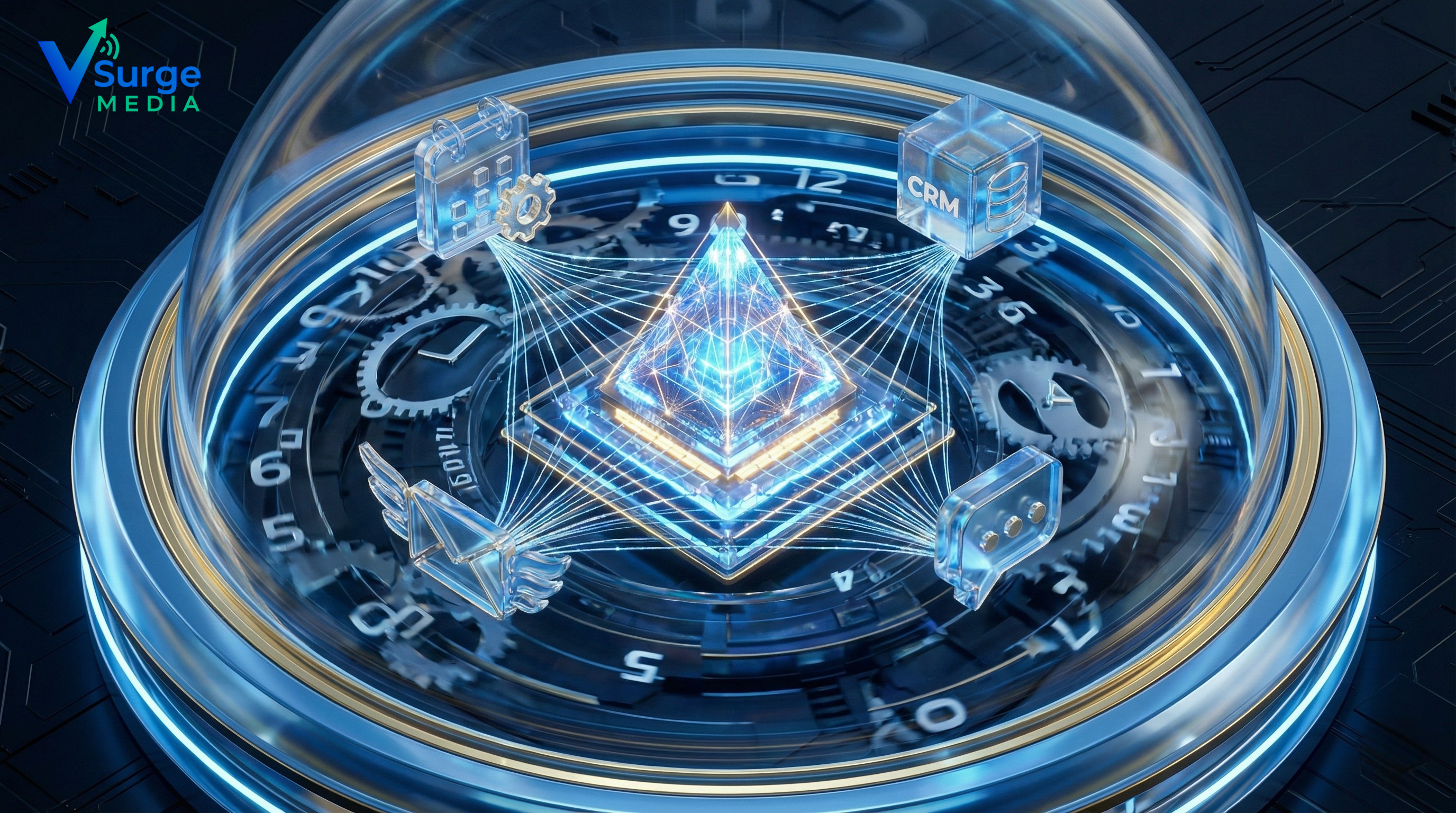 Business Process Automation ROI concept showing AI engine managing CRM calendar and support tasks to save time