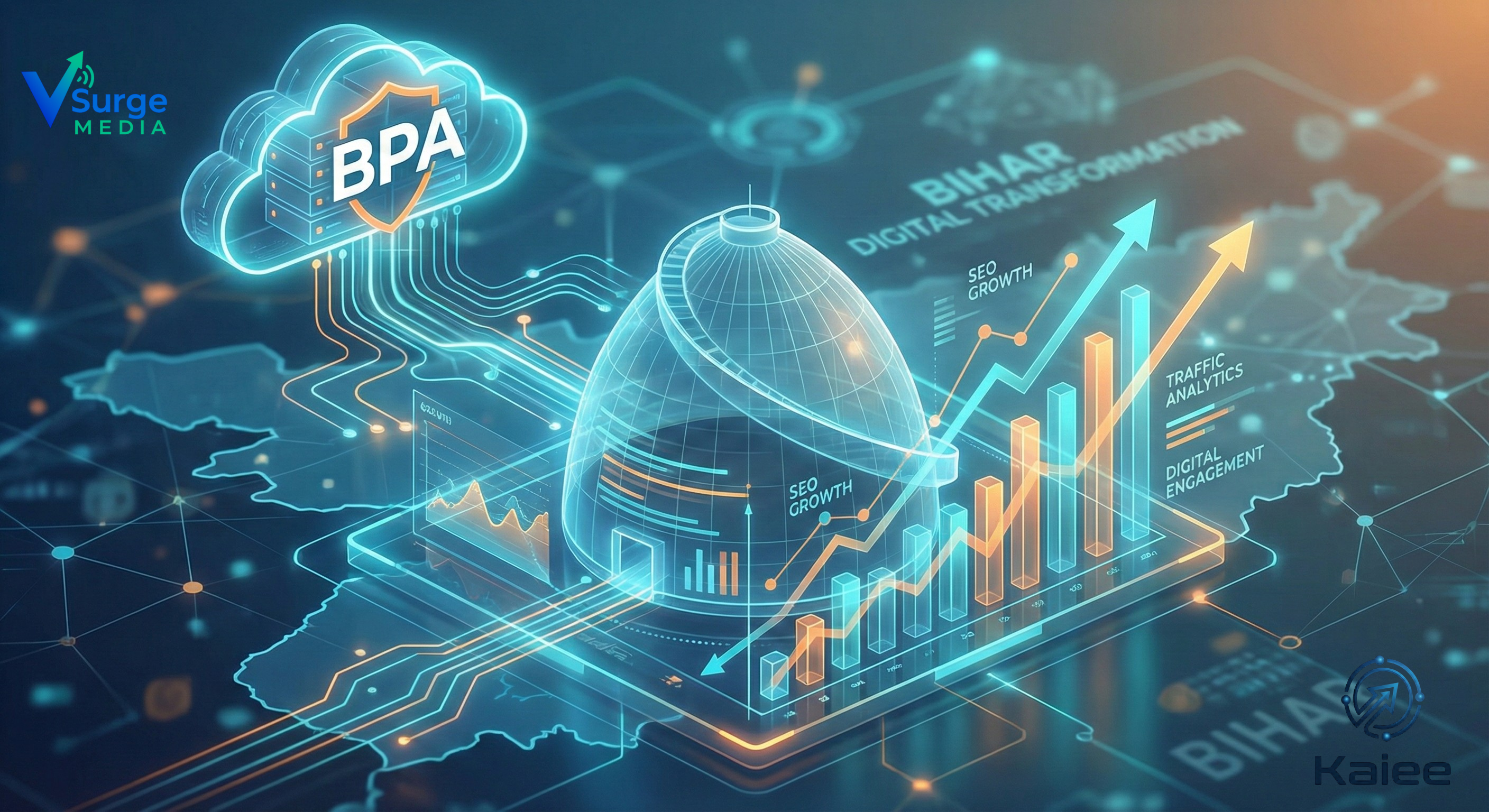 VSurgeMedia using BPA for SEO Automation in Patna showing digital growth graphs over Golghar landmark