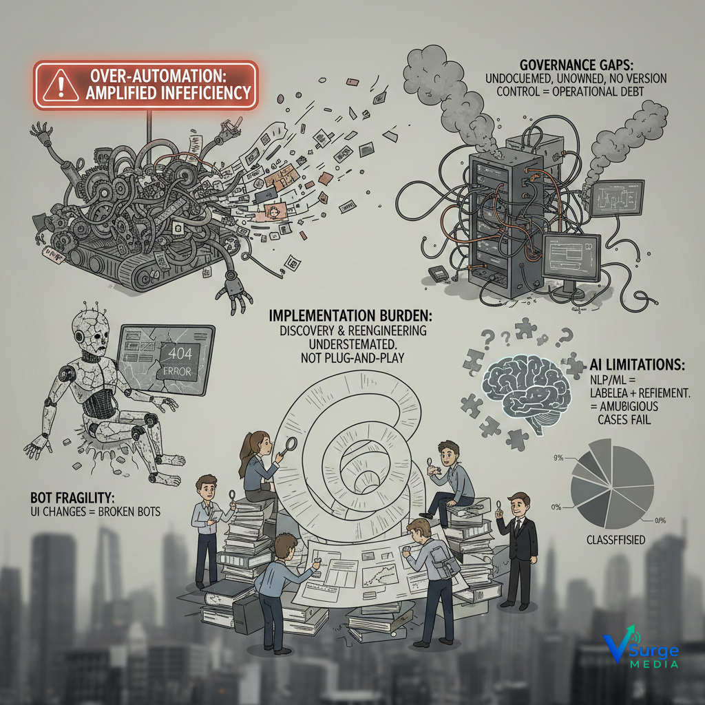 Illustration showing risks of business process automation, including bot fragility, governance gaps, AI limitations, and implementation burden (Business Process Automation).