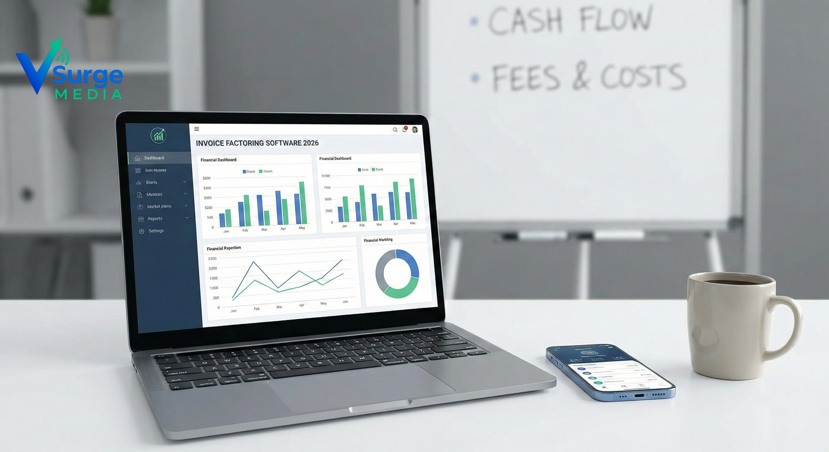 Invoice factoring software reviews comparison showing balance between digital invoices and cash flow for small business