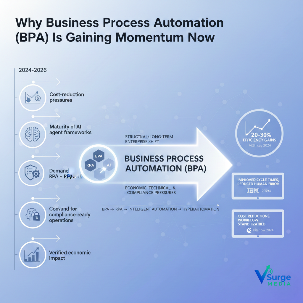 “Infographic showing why Business Process Automation is accelerating in 2024–2026, highlighting cost pressures, AI agent maturity, compliance, and ROI gains.”