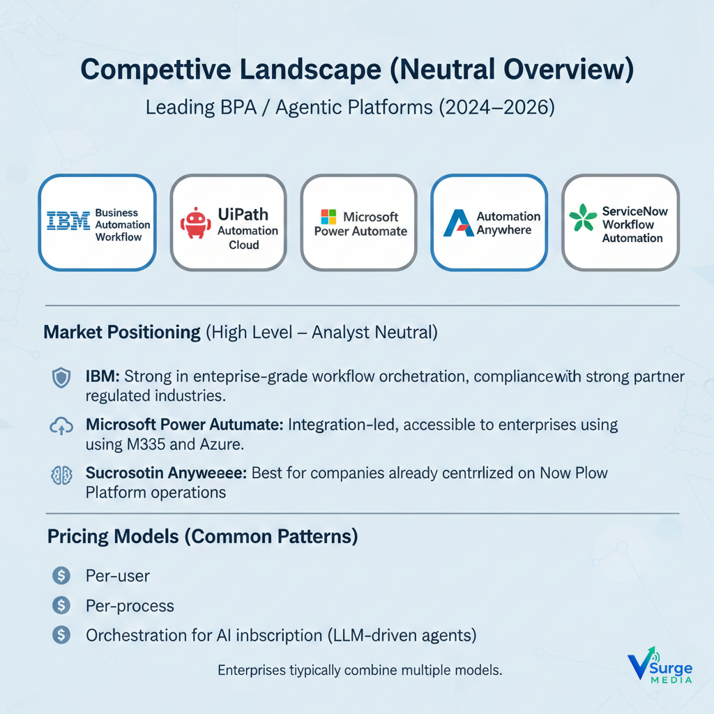 “Competitive landscape infographic of leading BPA and AI agent platforms including IBM, UiPath, Microsoft Power Automate, Automation Anywhere, and ServiceNow.”
