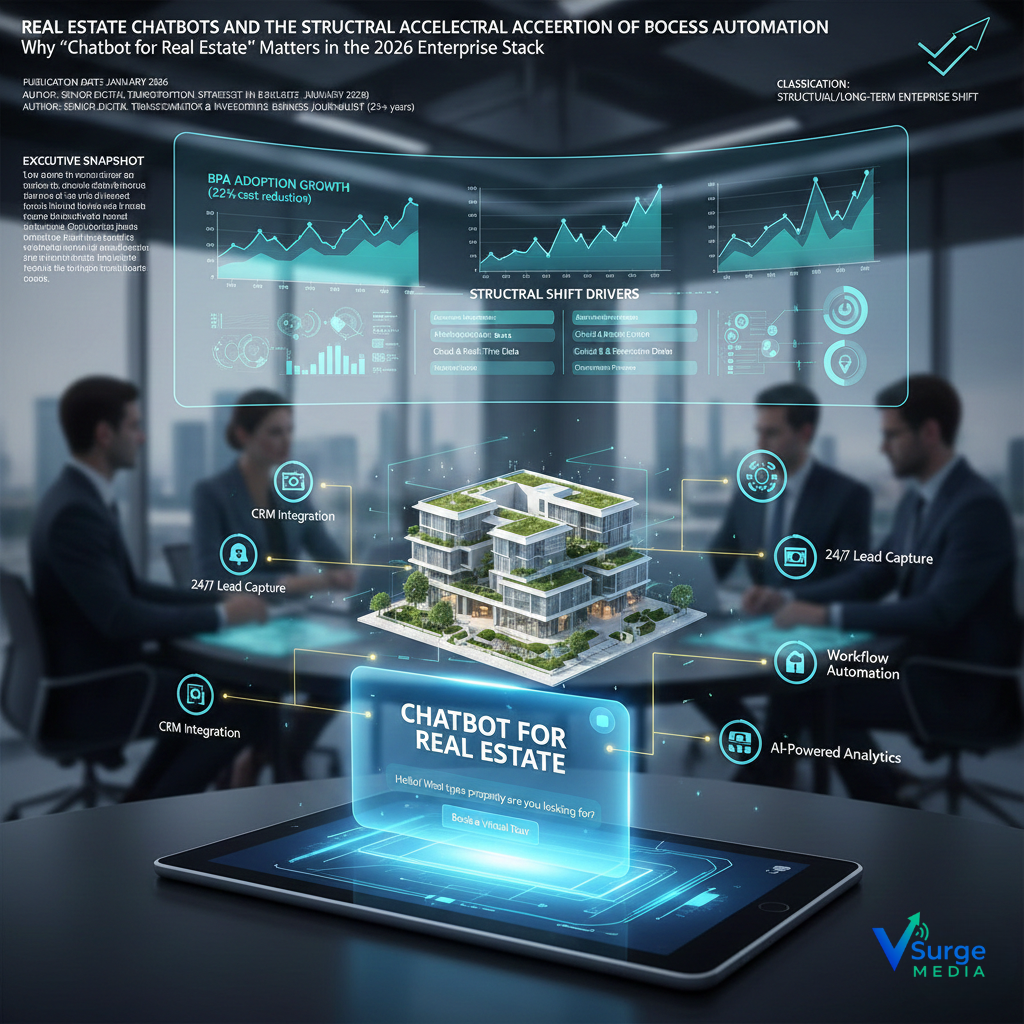 A digital visualization of a real estate chatbot system showing AI-powered lead capture, workflow automation, CRM integration, and business process automation dashboards, used to illustrate how chatbots for real estate support 24/7 lead generation and enterprise-level BPA adoption.
