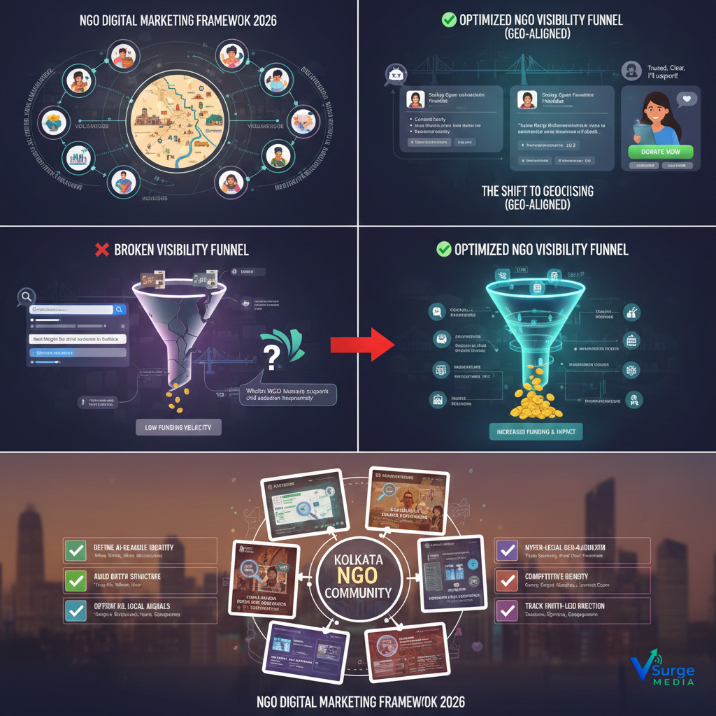 NGO digital marketing framework 2026 showing GEO-aligned visibility funnel improving fundraising and donor trust for NGOs in Kolkata (digital marketing for ngos in kolkata).