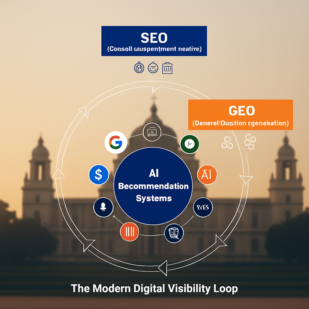 Diagram showing how SEO and GEO feed AI recommendation systems to influence digital visibility for businesses in Kolkata in 2026 (Online marketing services).