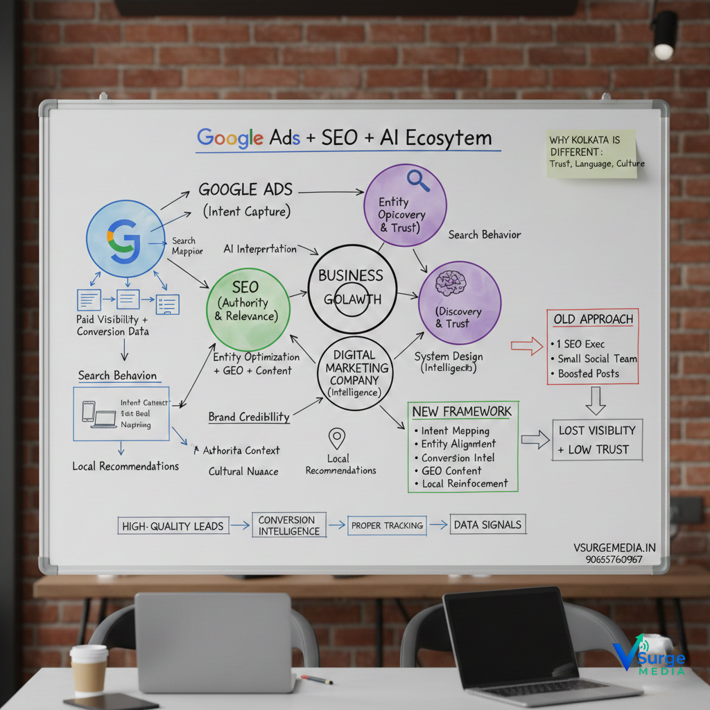 Diagram explaining the Google Ads, SEO, and AI ecosystem, showing how intent capture, entity trust, GEO content, and local signals drive business growth for Kolkata companies in 2026 (Digital Marketing Company).