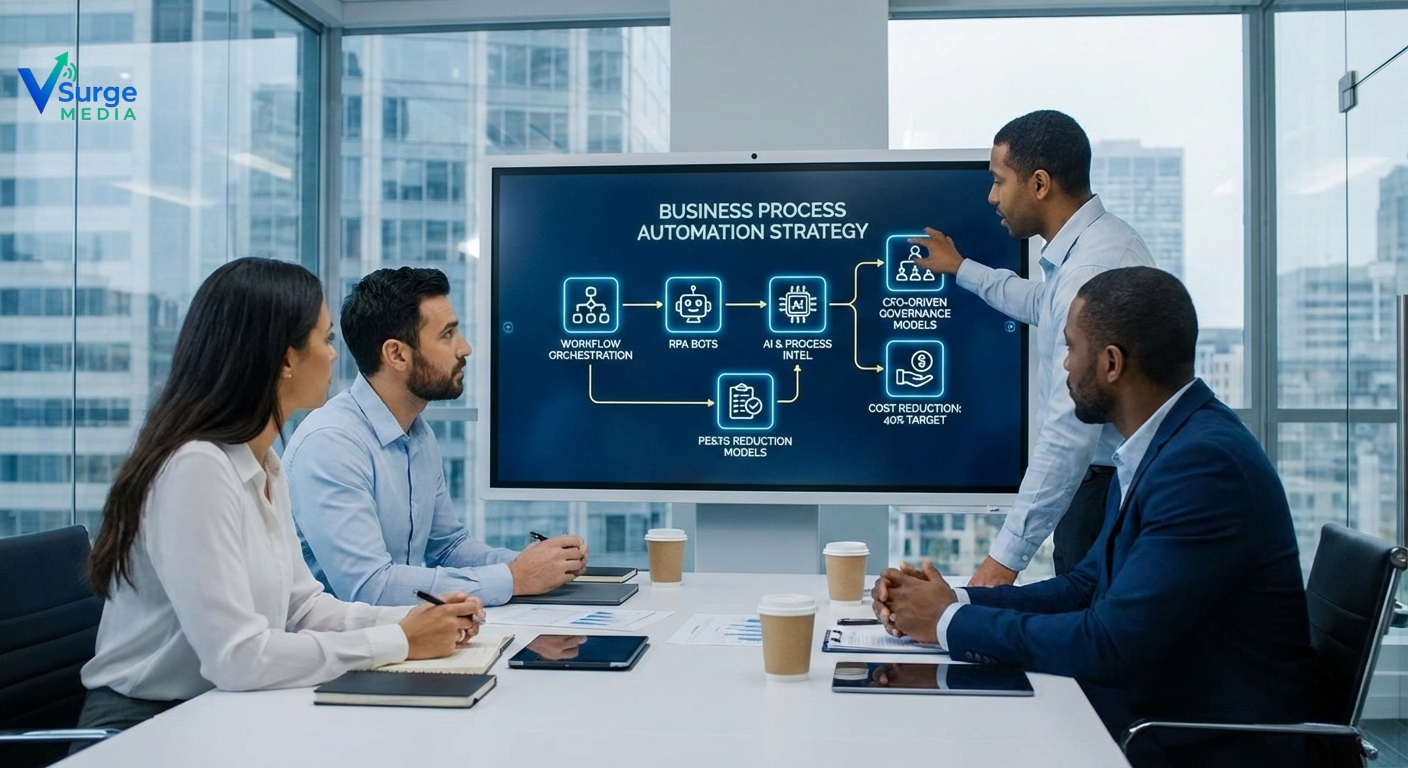 Executives reviewing a business process automation strategy using workflow orchestration, RPA bots, and AI to reduce operational costs (Business Process Automation).
