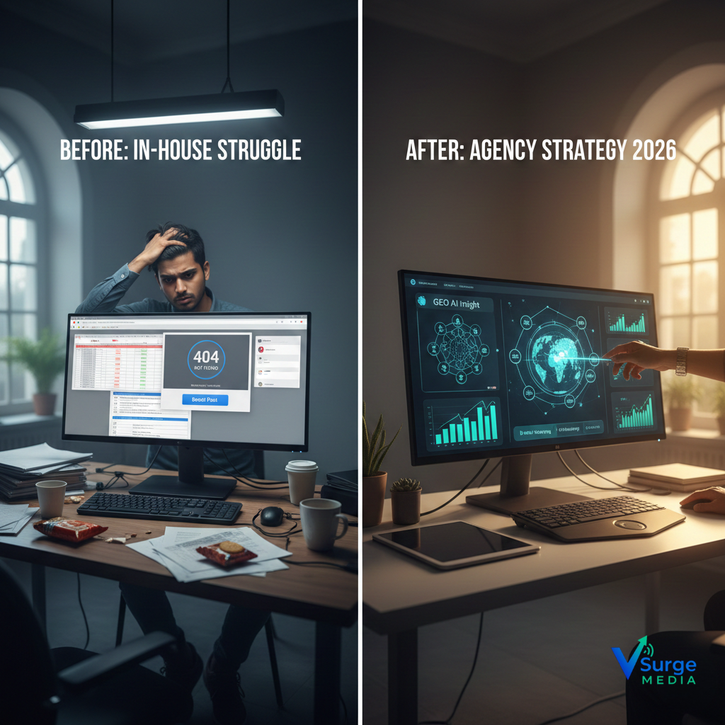 Split-screen comparison showing an in-house digital marketing team struggling with errors and low visibility versus an agency-led AI and GEO strategy using advanced analytics dashboards in 2026 (Digital Marketing Company).