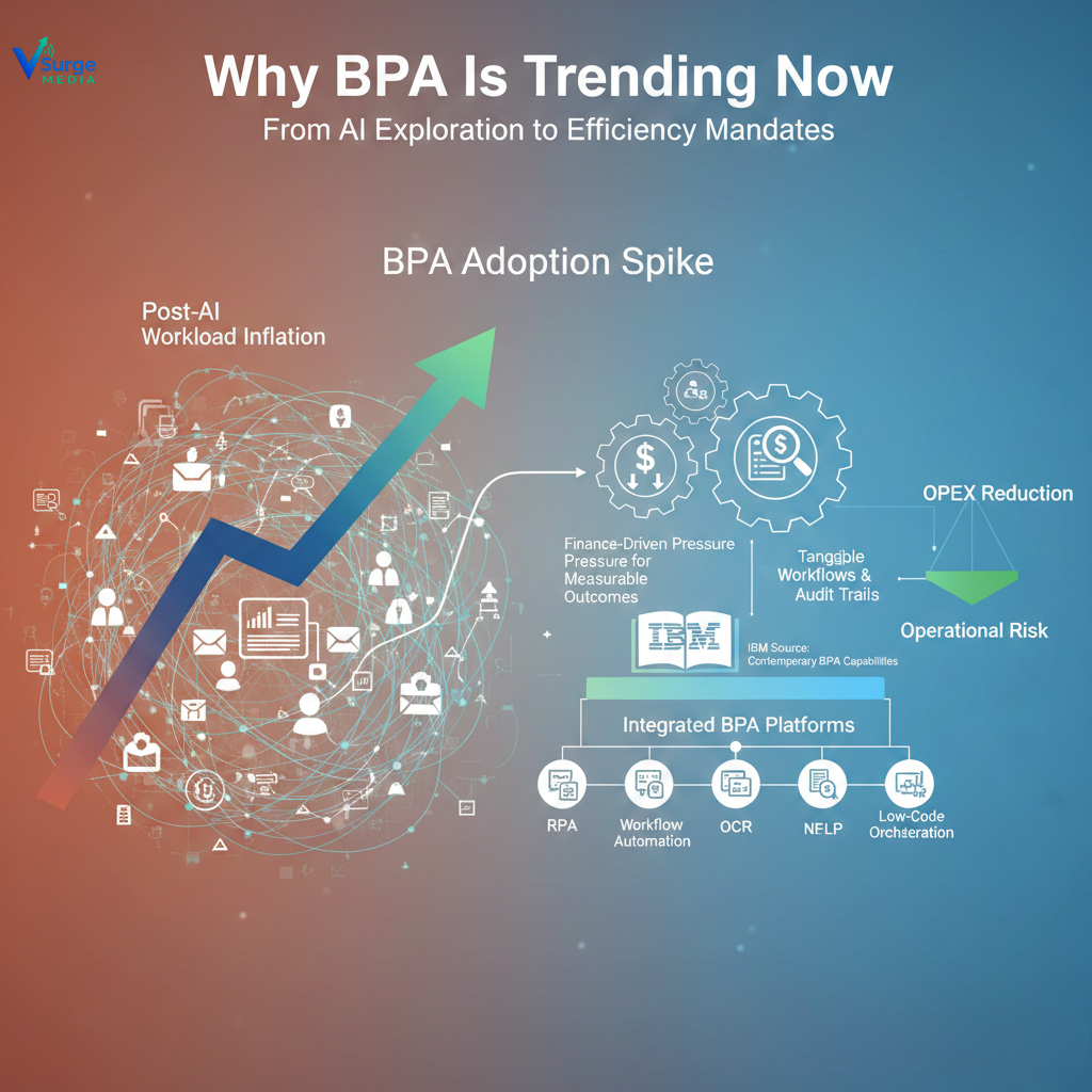 Infographic showing why Business Process Automation is trending, highlighting post-AI workload inflation, finance pressure, and integrated BPA platforms (Business Process Automation).