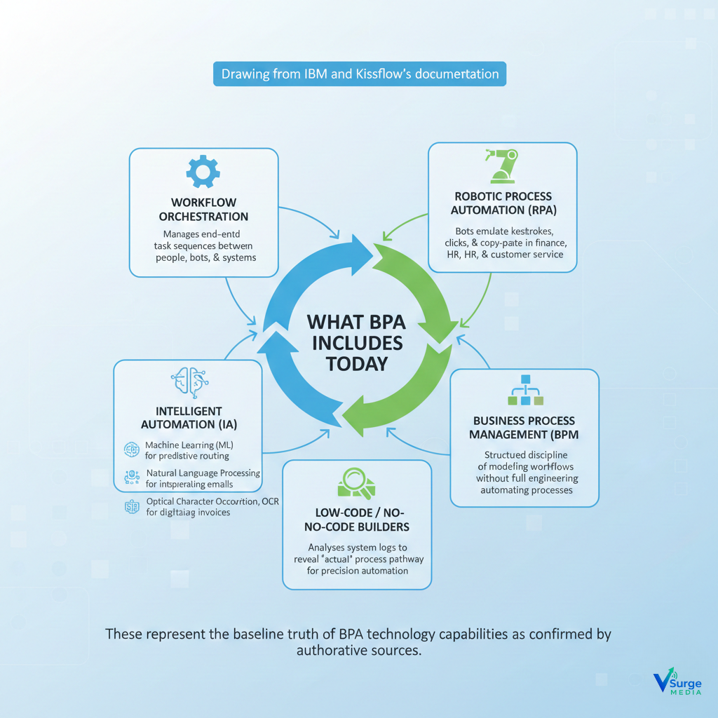 Infographic outlining what Business Process Automation includes today, featuring workflow orchestration, RPA, AI, BPM, low-code tools, and process intelligence (Business Process Automation).