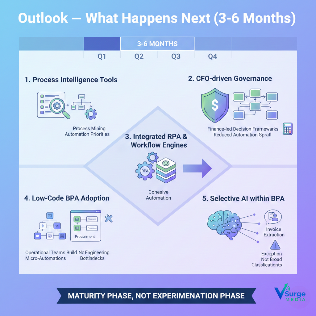 Infographic outlining the 3–6 month outlook for Business Process Automation, including process intelligence tools, CFO-led governance, and integrated RPA workflows (Business Process Automation).