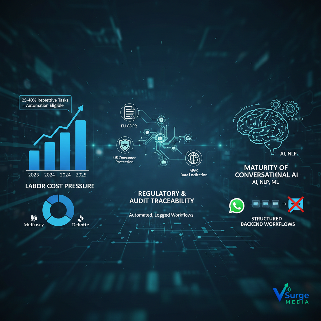Enterprise automation drivers including labor cost pressure, regulatory compliance, and AI maturity impacting WhatsApp API workflow adoption.