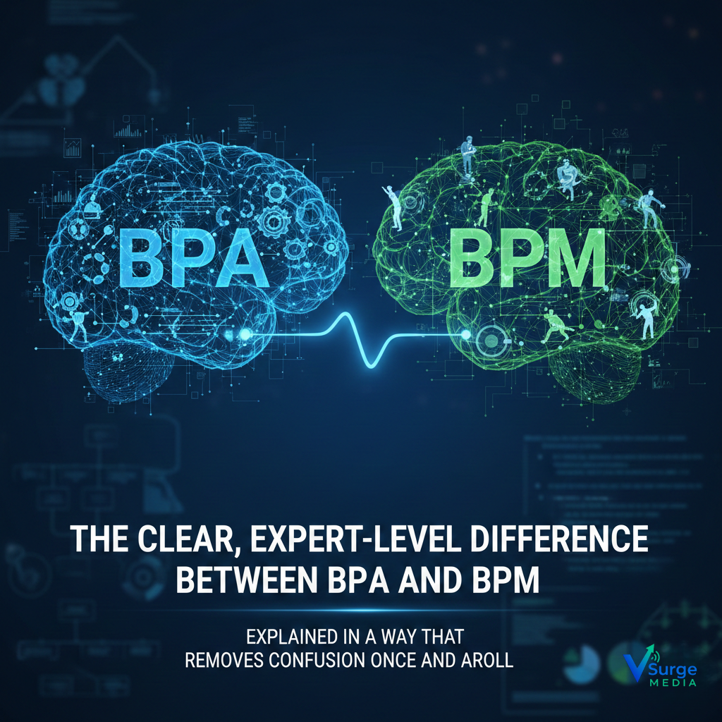Visual comparison of Business Process Automation (BPA) versus Business Process Management (BPM), showing automation execution versus process design and governance.