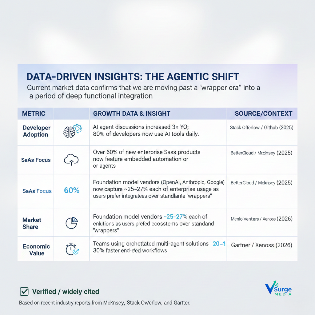 Chart showing data-driven insights on the shift from AI wrappers to agent-based systems across developers, SaaS, and enterprises (Claude Cowork)