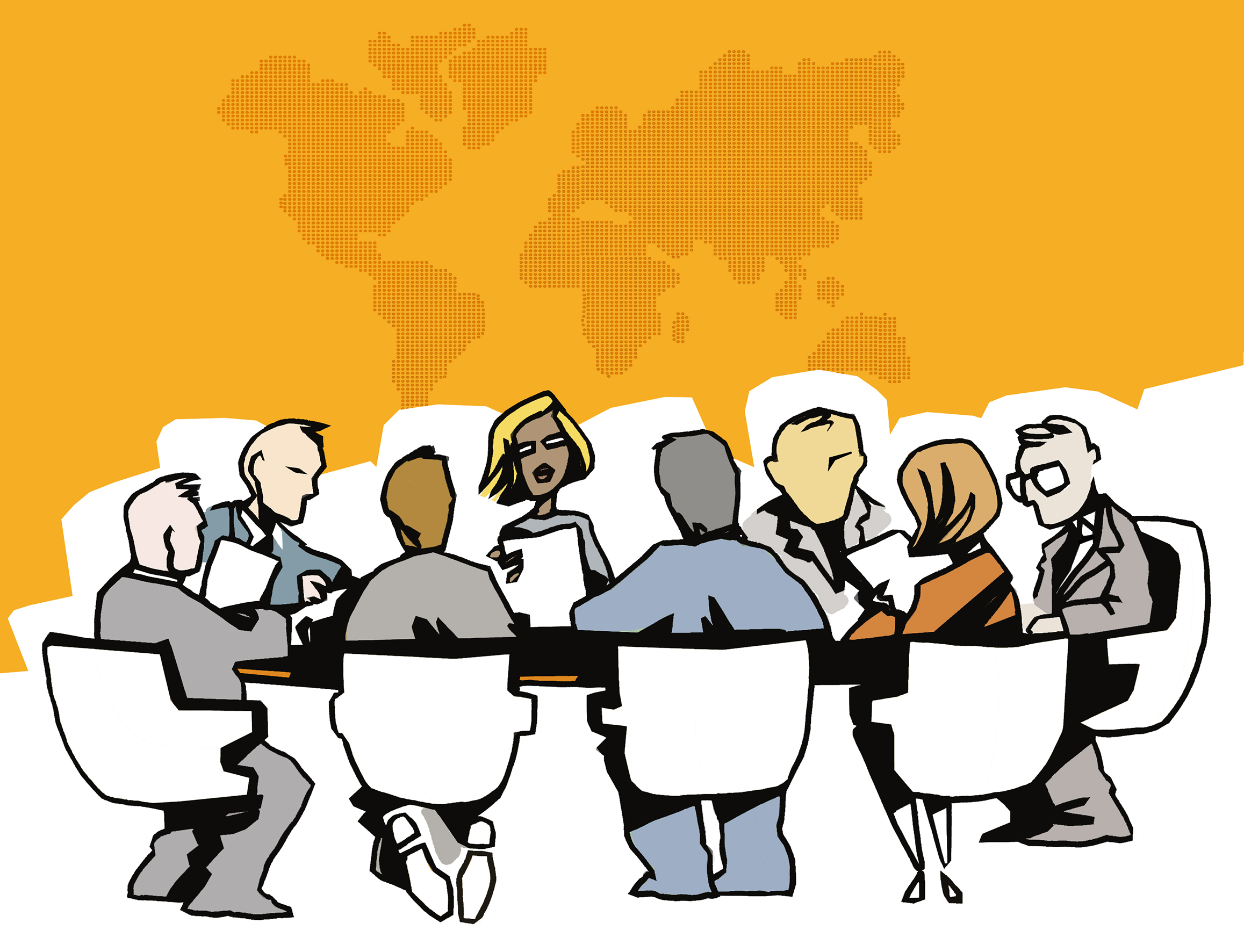 Illustration of international diplomats seated around a table beneath a world map, symbolizing global diplomacy, negotiations, and geopolitical decision-making.