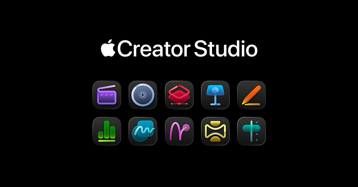 Apple Creator Studio logo displayed above icons representing Apple’s creative apps, including Final Cut Pro, Logic Pro, Motion, Pixelmator Pro, and related tools on a black background.